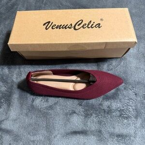 VenusCelia Women's Pointed Toe Burgundy Knitted Flats Women’s US 6